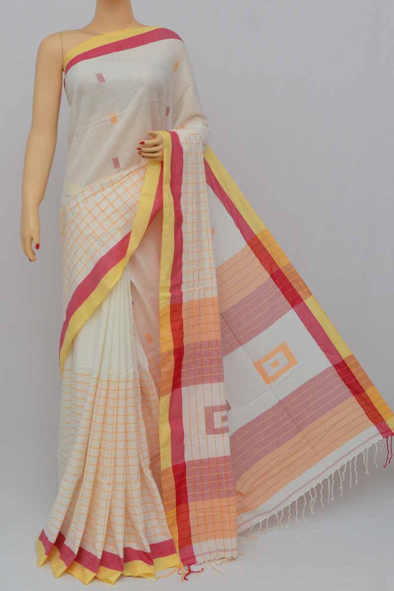 Off White Color Handwoven Bengal Handloom Cotton Saree (with Blouse) - Kc250357